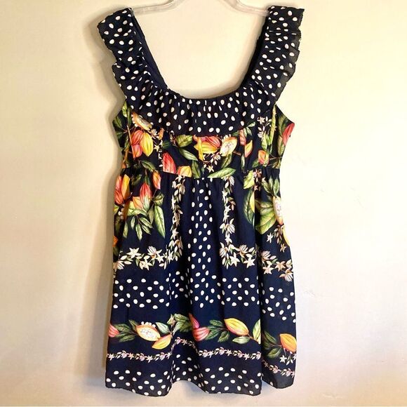 NEW FARM Rio Cocoa Paradise Mini Dress Tropical Polka Dot Ruffle Black Size XL - Picture 7 of 16
